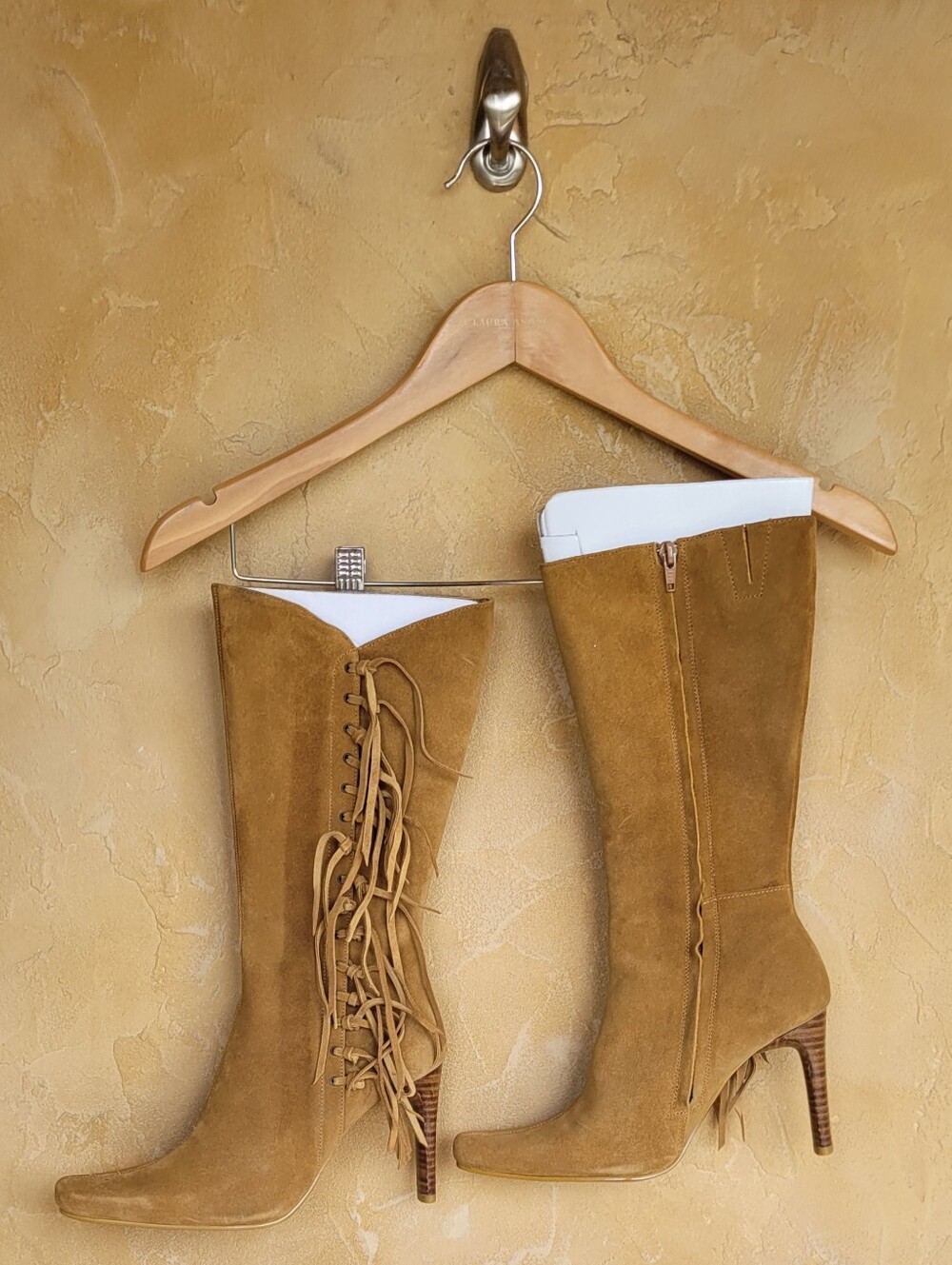 MIA Tan Suede Fringed Tall Western Boots. Y2K Size 6.5 Stiletto Heels 4in - Picture 11 of 17